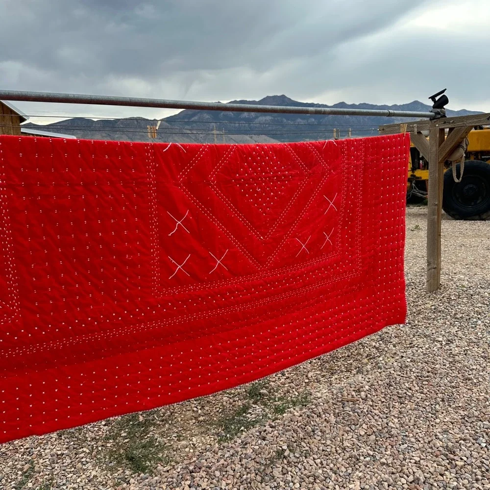 Vintage Hand Quilted Red Gingham Check Embroidery Tufted Blanket Quilt 84x62
